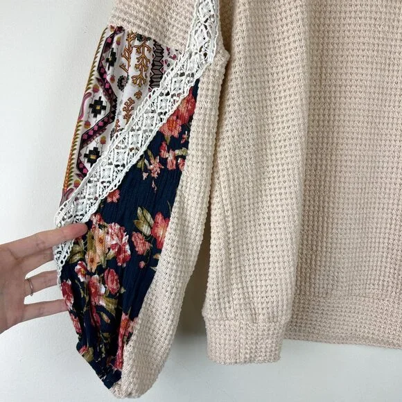 Three Bird Nest Cream Printed Sleeve Mixed Media Waffle Knit Top - Picture 3 of 6